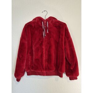 NWT Tommy Hilfiger Teddy Faux Fur Jacket Womens M Red Cozy Plush Zip Bomber Warm
